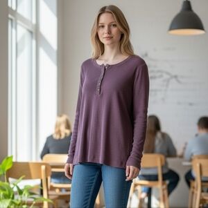 XL Eddie Bauer Women Purple Long Sleeve Henley Top With Velvet Button Up Accent